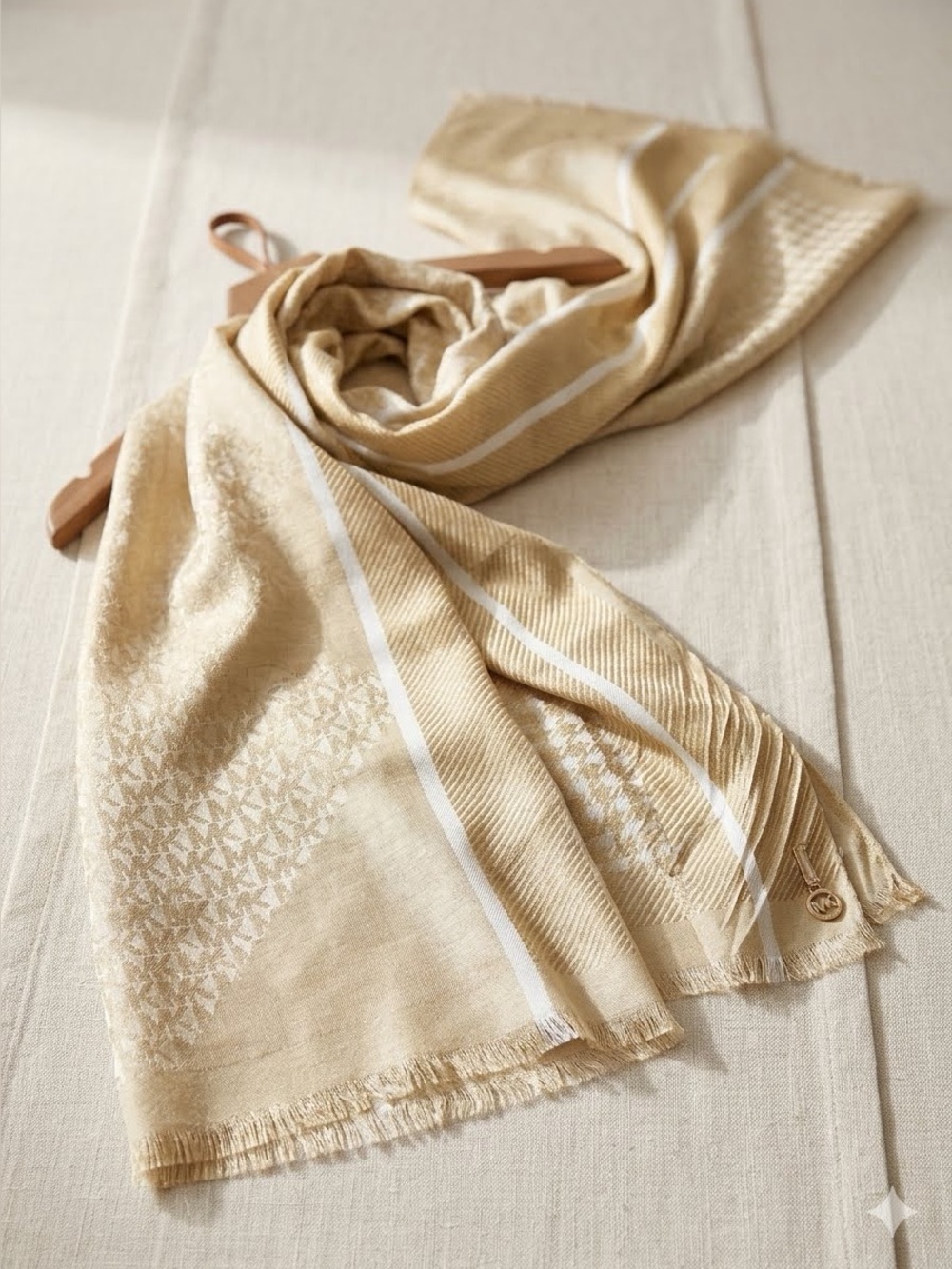 Michael Kors NWT Metallic Gold Ivory Jacquard Logo Scarf Wrap Shawl NWT 25”x84”